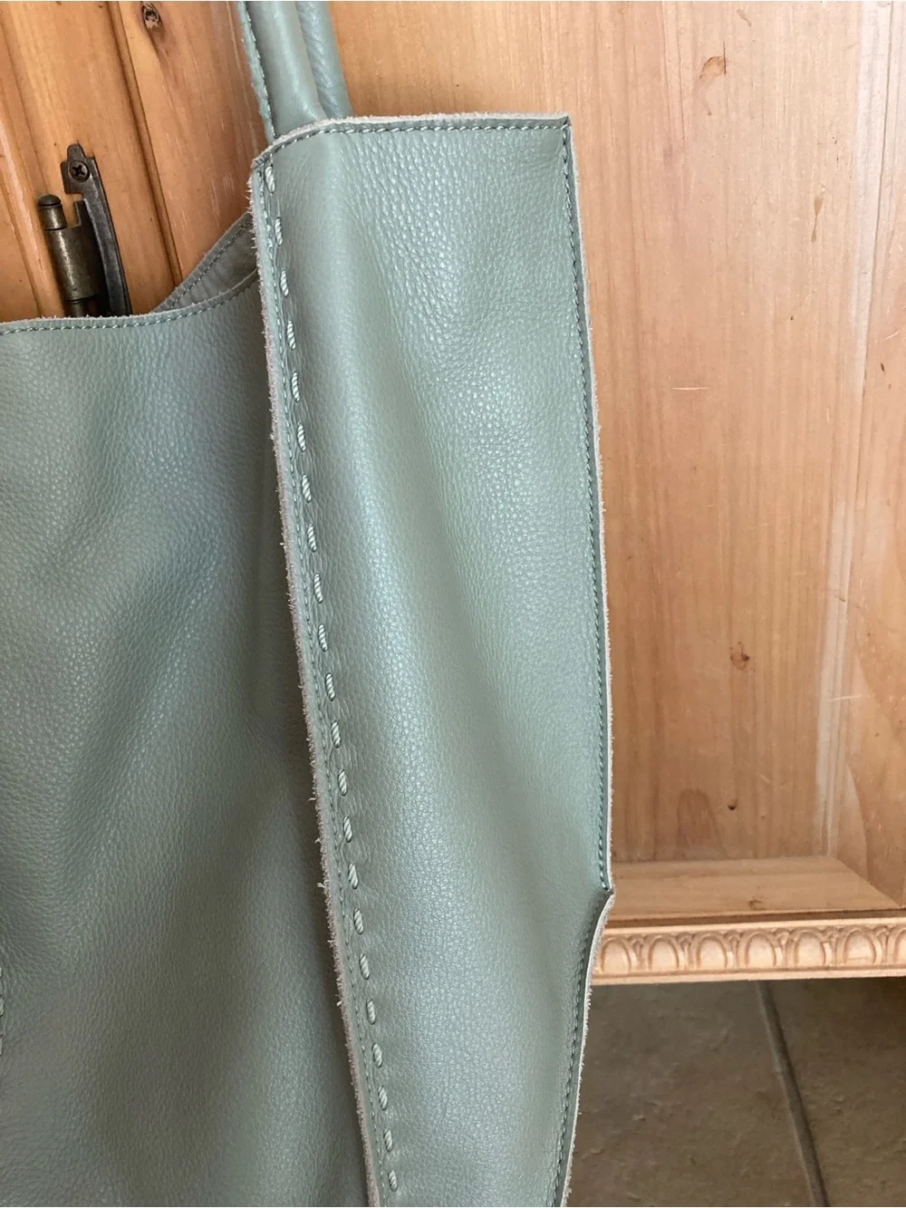The Sak Leather Tote Bag in Light Sage with Contrast Brown Handles